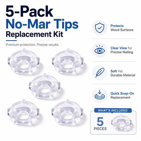 Heavy Duty 16 Gauge Angled Finish Nailer No Mar Rubber Tip Replacement Set Five Piece kit showing clear soft rubber tips.