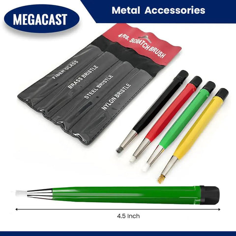 Pro Grade Four Piece Scratch Brush Set With Fiberglass, Brass, Steel And Nylon Nibs For Cleaning Jewelry, Watches, Coins And Circuit Boards