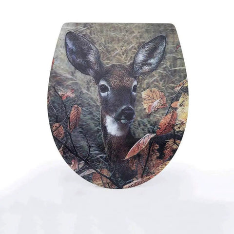 Upgrade Your Restroom With This Smooth Quick Release Round Wooden Toilet Seat Featuring A Fresh Drip Art Print and cushioned seating.