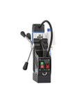 Heavy Duty Single Speed Portable Magnetic Drill With One Point Three Eight Inch Bore Eight Point Two Amp Motor Four Hundred Fifty Rpm compact view from side with controls.
