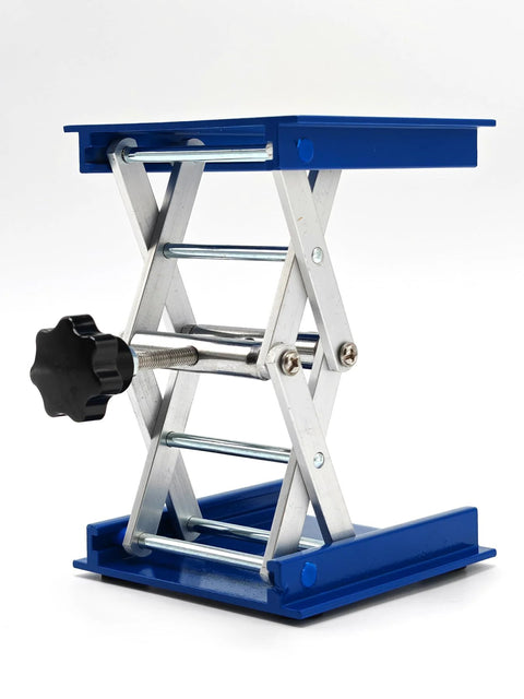 Lab jack stand, blue aluminum scissor lift with 4x4 in platform; manual height adjustment.