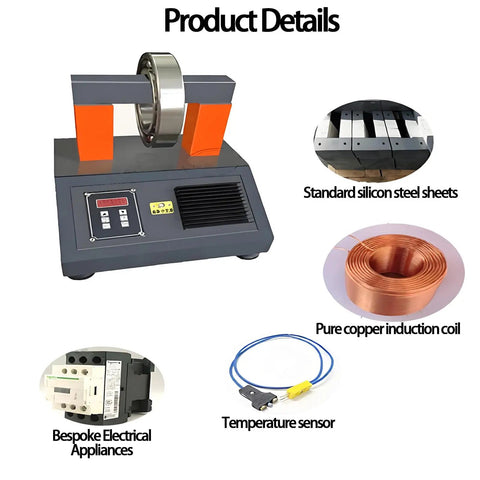 Heavy Duty Bearing Induction Heater With Smart Digital Temp Control From Zero To Three Hundred Celsius showcased with silicon steel sheets and induction coil.