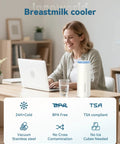 Woman using laptop with No Mess Hassle On The Fly Breast Milk Cooler stays ice cold for 24 hours beside her.