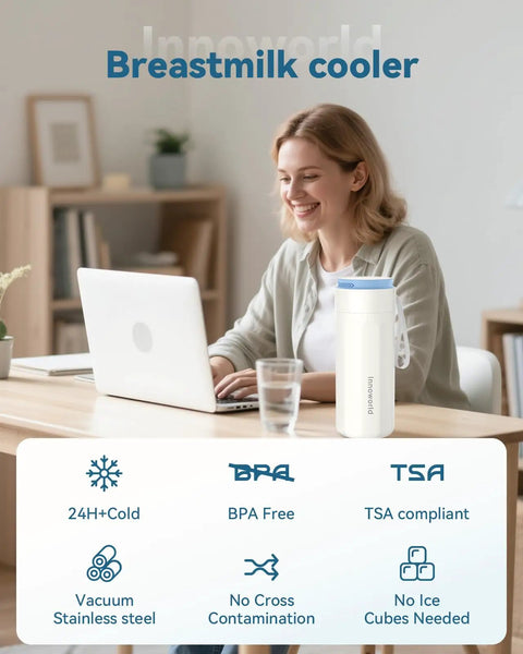 Woman using laptop with No Mess Hassle On The Fly Breast Milk Cooler stays ice cold for 24 hours beside her.