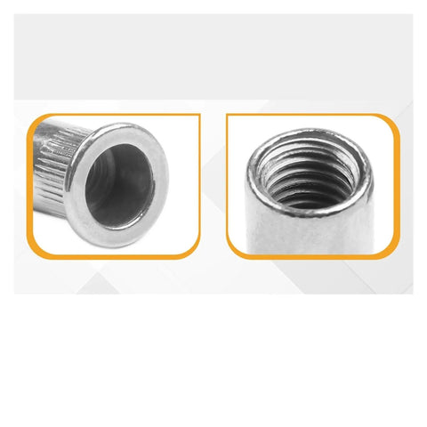 Close-up view of a zinc plated carbon steel flat head threaded insert nut for M3 to M12 sizes, showcasing knurled body design.