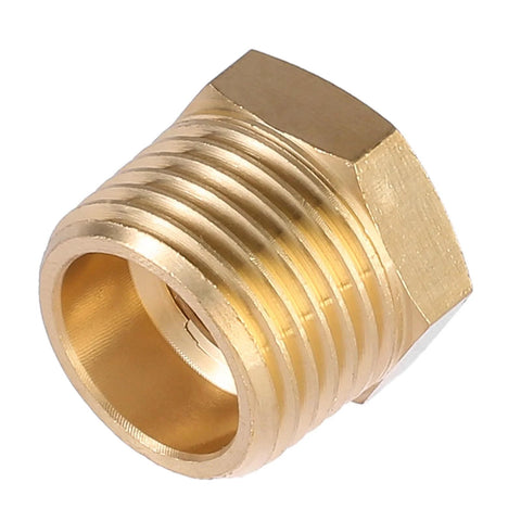 Brass NPT reducer bushing, 1/2 in male to 1/4 in female, hex threaded pipe fitting