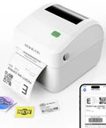 Wireless Bluetooth 4x6 Shipping Label Printer For iPhone And Android No Fuss Setup Print 4x6 Labels For Amazon eBay Shopify Etsy UPS Portable Thermal Label Printer For Packages With RLabel App White showing printed labels and mobile app interface