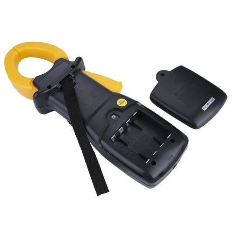 Back view of MS2205 Three Phase Clamp Meter with battery cover removed, showing internal battery compartment.