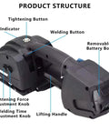 Cordless Electric Strapping Tool showing buttons for tightening, welding, and adjustment knobs for PP PET straps auto weld and cut
