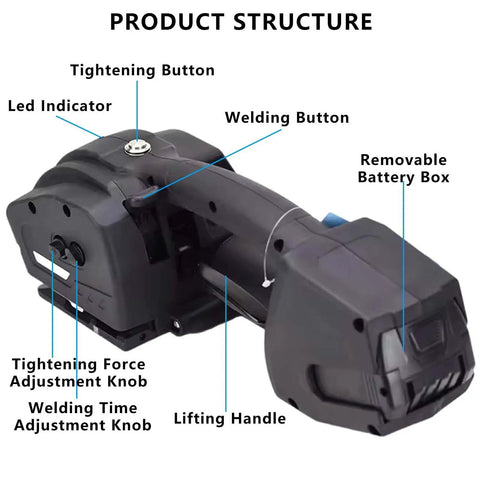 Cordless Electric Strapping Tool showing buttons for tightening, welding, and adjustment knobs for PP PET straps auto weld and cut