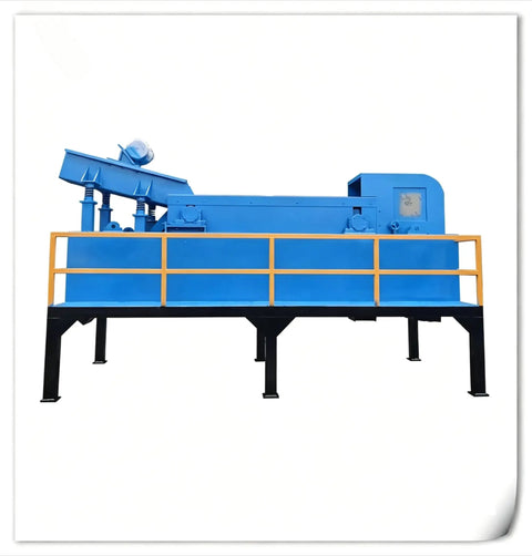 No Sweat Heavy Duty Eddy Current Separator For Swift Non Ferrous Metal Extraction Effortless Copper And Aluminum Reclamation From Mixed Loads With Zero Complicated Training Needed, side view of blue machine on platform.