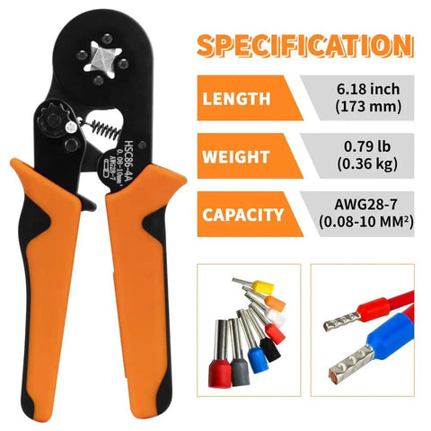 Top Notch Square Ferrule Crimper Kit With 2000 Wire Connectors AWG 28-7 Heavy Duty Connector Tool For Electrician Pros Doing Wiring Jobs Fast And Reliable. Black and orange ferrule crimper for AWG 28-7 copper connectors, 173 mm
