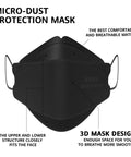 Close-up of black KN95 mask highlighting breathable material and 3D design, part of 50 Pack KN95 Face Masks Breathable And Comfy Disposable Black Respirators With Over 95 Filtration For Everyday Wear At Work Travel Gym And Home For All Day Comfort And Protection.