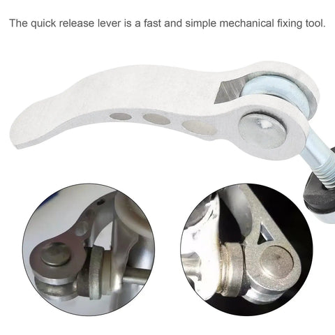 Two Pack Seat Post Quick Release Clamp Pins For Bikes M6 Quick Release Seat Clamp Bolts Bicycle Binder Screws Silver Metal Road And Mountain Bike Compatible Ride Ready Height Adjustment, close-up view of silver clamp with lever