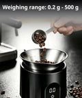 Hand pouring coffee beans into Dosing Cup And Scale Combo With Stand 0.1g Precision Digital Coffee Scale in kitchen setting.