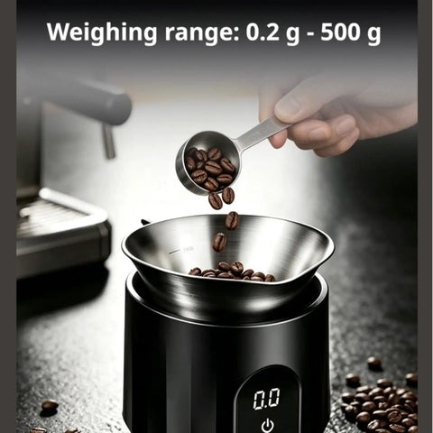 Hand pouring coffee beans into Dosing Cup And Scale Combo With Stand 0.1g Precision Digital Coffee Scale in kitchen setting.