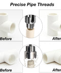 Three-Piece PVC Pipe Threader Kit with internal and external threading heads demonstrating pipe threading before and after use