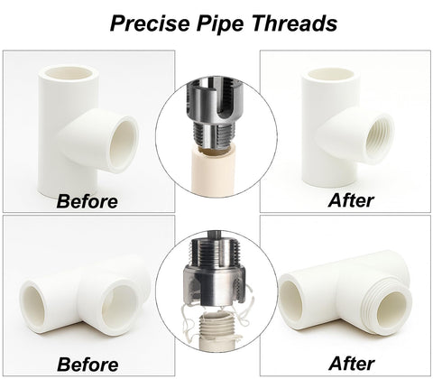 Three-Piece PVC Pipe Threader Kit with internal and external threading heads demonstrating pipe threading before and after use