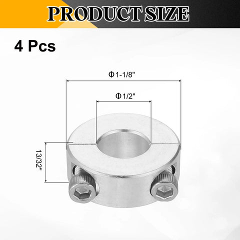 Set Of Four Double Split Shaft Collars With Half Inch Bore And One And One Eighth Inch Outer Diameter, Two Piece Clamp On