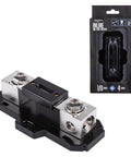 Badass In-Line Anl Fuse Holder With 150 Amp Fuse For 1/0 Or 4 Gauge Car Audio Wiring With Reducer Shims Included High Performance Zinc Core And Smoked Gray Cover displayed with packaging
