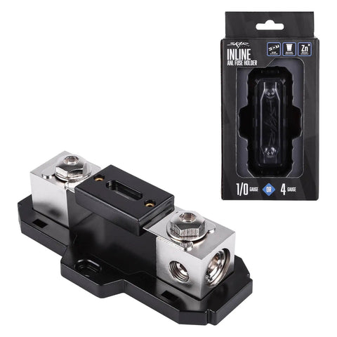 Badass In-Line Anl Fuse Holder With 150 Amp Fuse For 1/0 Or 4 Gauge Car Audio Wiring With Reducer Shims Included High Performance Zinc Core And Smoked Gray Cover displayed with packaging