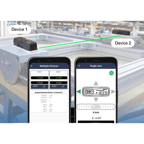 Hardcore Pro Dual Axis Digital Precision Level With Bluetooth Data Sync Nist Certified Accuracy displayed on smartphones.