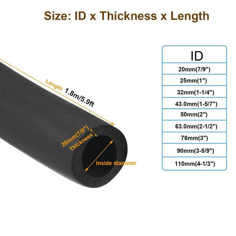 Multi Size Pipe Insulation Foam Tubing Kit With Inner Diameters From 1/4 To 4-1/3 Inches And Thickness From 7/20 To 3/5 Inch size chart