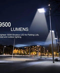High Efficiency 500W LED Parking Lot Light Replacement With Dusk To Dawn Photocell lighting up a night parking lot