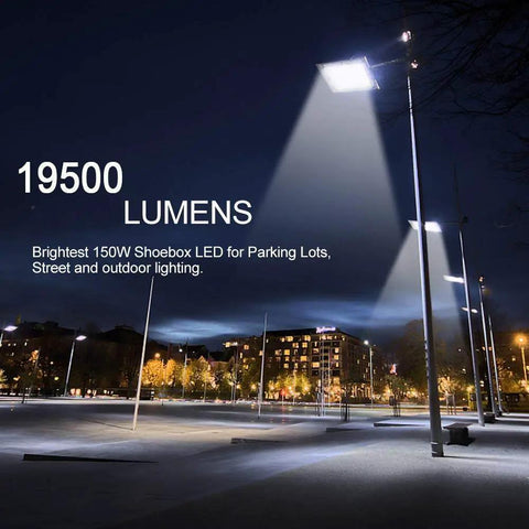 High Efficiency 500W LED Parking Lot Light Replacement With Dusk To Dawn Photocell lighting up a night parking lot