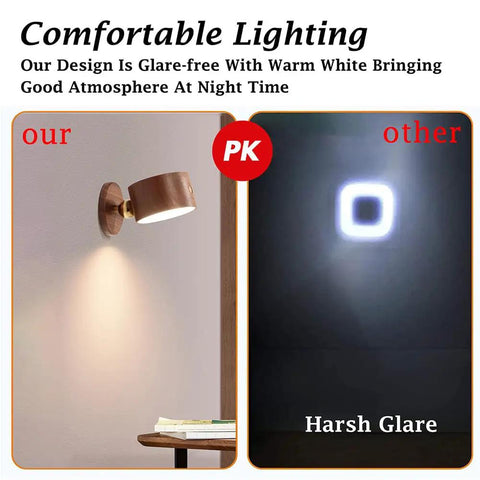 Comparison of Dope 2 Pack Wood Wall Sconce Set With Magnetic 360 Degree Rotatable Bedside Lamps showing warm lighting vs harsh glare.