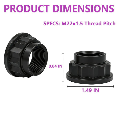 Garage Pro Heavy Duty Steel 2 Pack Front Wheel Axle Shaft Hub Nuts M22x1.5 Thread Drive Bolts product dimensions with size measurements.