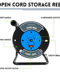 Heavy Duty Extension Cord Reel With 4 Grounded Outlets Open Cord Roller For 12/3 14/3 16/3 Power Cords Portable Hand Crank Cable