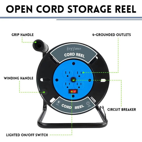 Heavy Duty Extension Cord Reel With 4 Grounded Outlets Open Cord Roller For 12/3 14/3 16/3 Power Cords Portable Hand Crank Cable