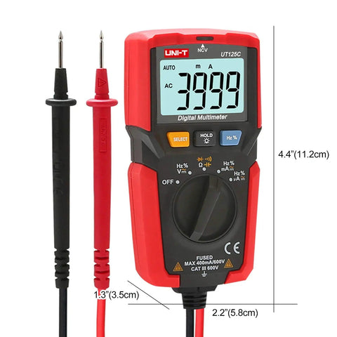 UT125C Pocket Digital Multimeter For DIYers And Pros 4000 Count Tester with probes displayed on the screen showing AC measurement