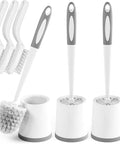 Three Pack Toilet Brushes With Holder For Deep Cleaning, white set with ergonomic handles and stiff bristles displayed