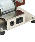 Close-up of Jauarta Mini Belt Sander With Aluminum Alloy Body control panel and motor, ideal for polishing and grinding.