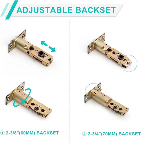 Adjustable backset for Double Front Door Lock Set with Dummy Handle, showing 60mm and 70mm options, matte black finish.