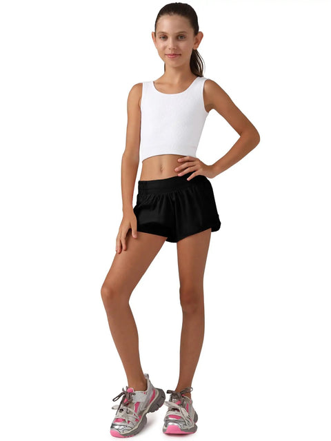 Girl wearing Girls Athletic Shorts With Liner Quick Dry Lightweight Running Shorts For Active Workouts Built In Mesh Liner With Zip Pocket Black