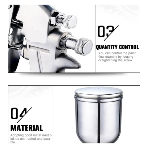Heavy Duty Pneumatic Paint Sprayer With 400Ml Alloy Hopper Adjustable Spray Pattern Precision Nozzle close-up of metal controls