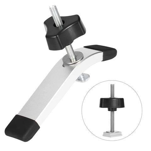No Nonsense Quick Acting T Track Hold Down Clamp Set For Woodworking, showing metal clamp with black handle and threaded bolt