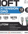Heavy Duty Outdoor Extension Cord 10 Ft 12 Gauge SJTOW 12/3 3 Prong, Oil Resistant And Flame Retardant, label with specs