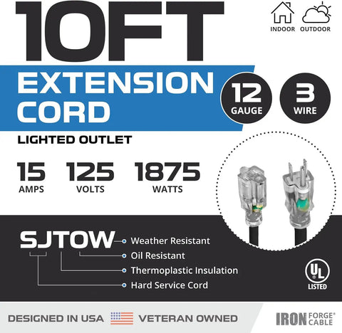 Heavy Duty Outdoor Extension Cord 10 Ft 12 Gauge SJTOW 12/3 3 Prong, Oil Resistant And Flame Retardant, label with specs