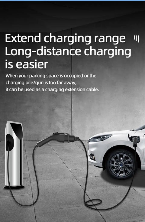 Slick 20 Foot 32 Amp J1772 EV Extension Cord connected to an electric vehicle while charging at an outdoor station.