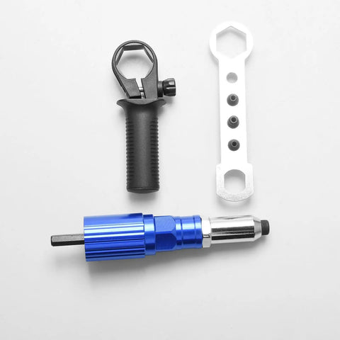Handy Electric Drill Riveting Attachment That Turns Your Power Tool Into A Serious Riveter With High Carbon Steel Build And 4 Sizes For Aluminum Or Stainless Steal Jobs Fast. Black and blue drill rivet adapter set with hex bits