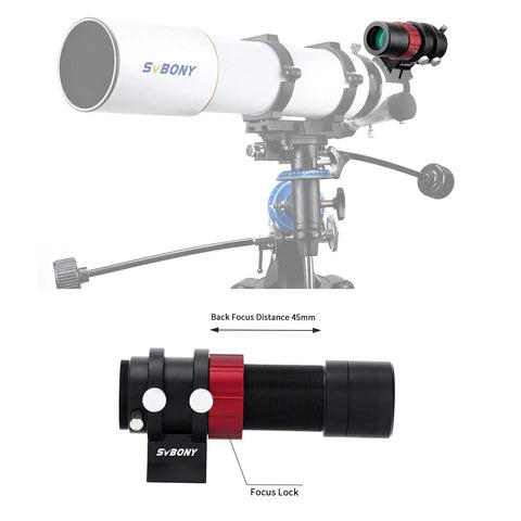 SV165 Mini Guide Scope 30mm F4 Finder Bundle showing scope, SV172 Dew Heater Strip, and guide mount for auto guiding cameras.