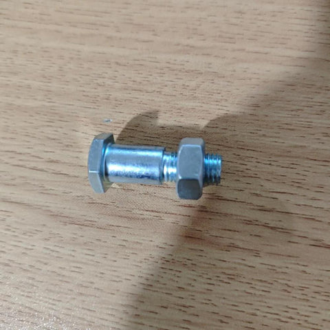 Close-up of metal M8/M10 motorcycle kickstand mounting bolt with nut.