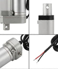 Close-up views of Heavy Duty 12V DC Linear Actuator, aluminum housing, wires, and mounting details for automation builds.
