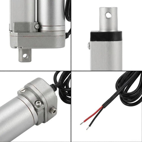 Close-up views of Heavy Duty 12V DC Linear Actuator, aluminum housing, wires, and mounting details for automation builds.