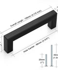 Slick Matte Black Square Bar Cabinet Pulls 5 Pack With 3 3/4 Inch Hole Centers. Heavy duty stainless steel handle dimensions.