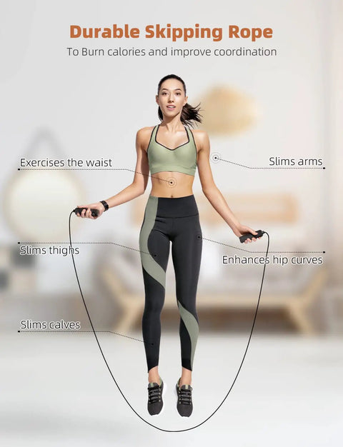 Woman using durable skipping rope for waist, arm, thigh, calf exercise to burn calories and improve coordination in living room.